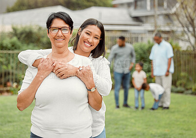 Buy stock photo Mature mom, daughter and happy in garden at home with visit for bonding, care and support. People, family and parent on portrait with smile for women's day celebration or appreciation with joy