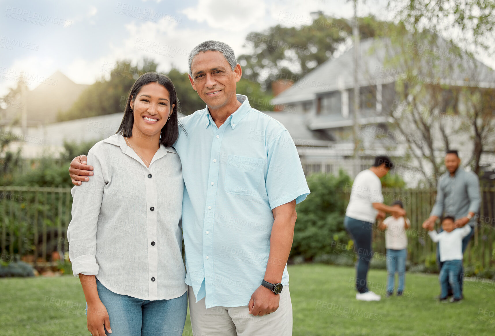 Buy stock photo Mature father, daughter and happy in garden at home with visit for bonding, care and support. People, family and parent on portrait with smile in backyard on break for trust, love and relax or chill