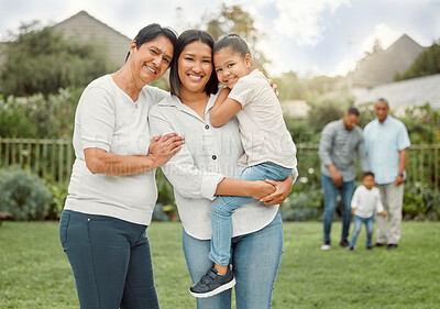 Buy stock photo Shot of a mother, daughter and grandma standing outside