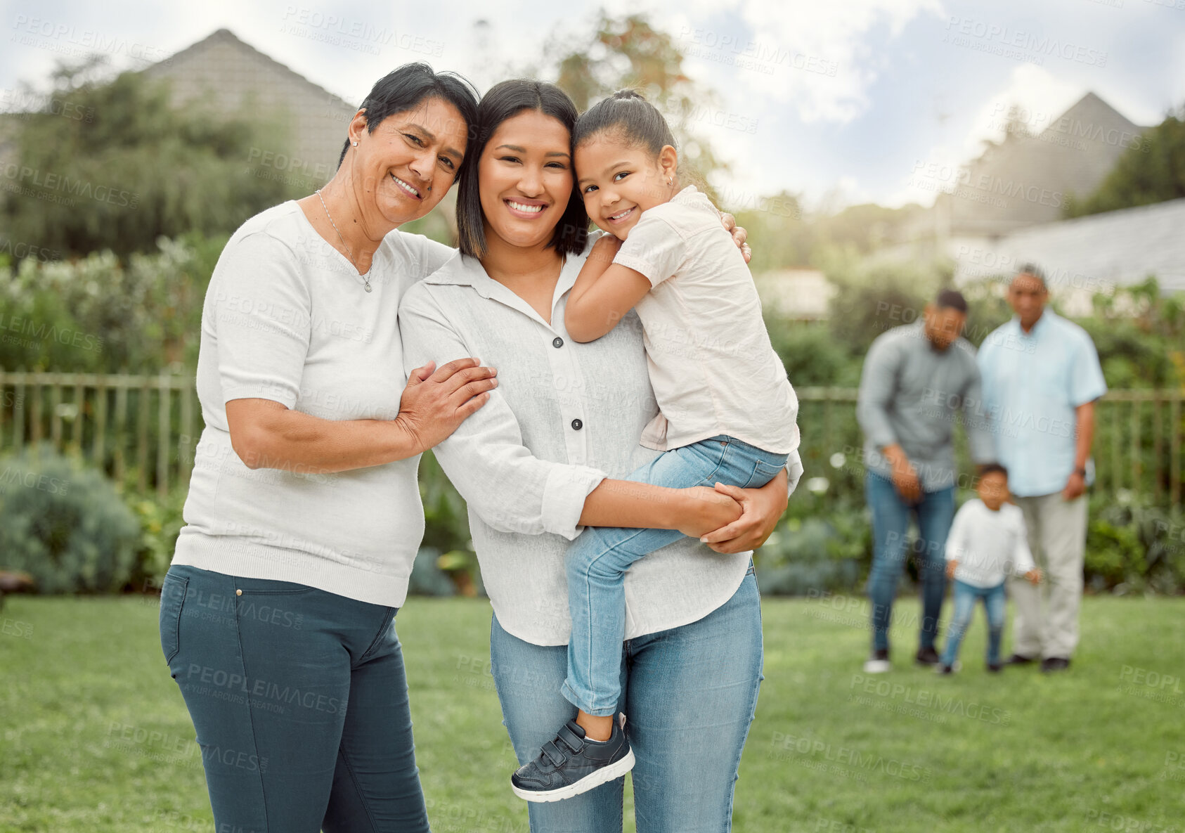 Buy stock photo Women, generations and happy on portrait in garden on visit for bonding, support and care in Brazil. People, family and smile with confidence in backyard at home for love, trust and relax on break