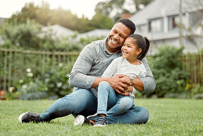 Buy stock photo Shot of a father and daughter playing in a backyard