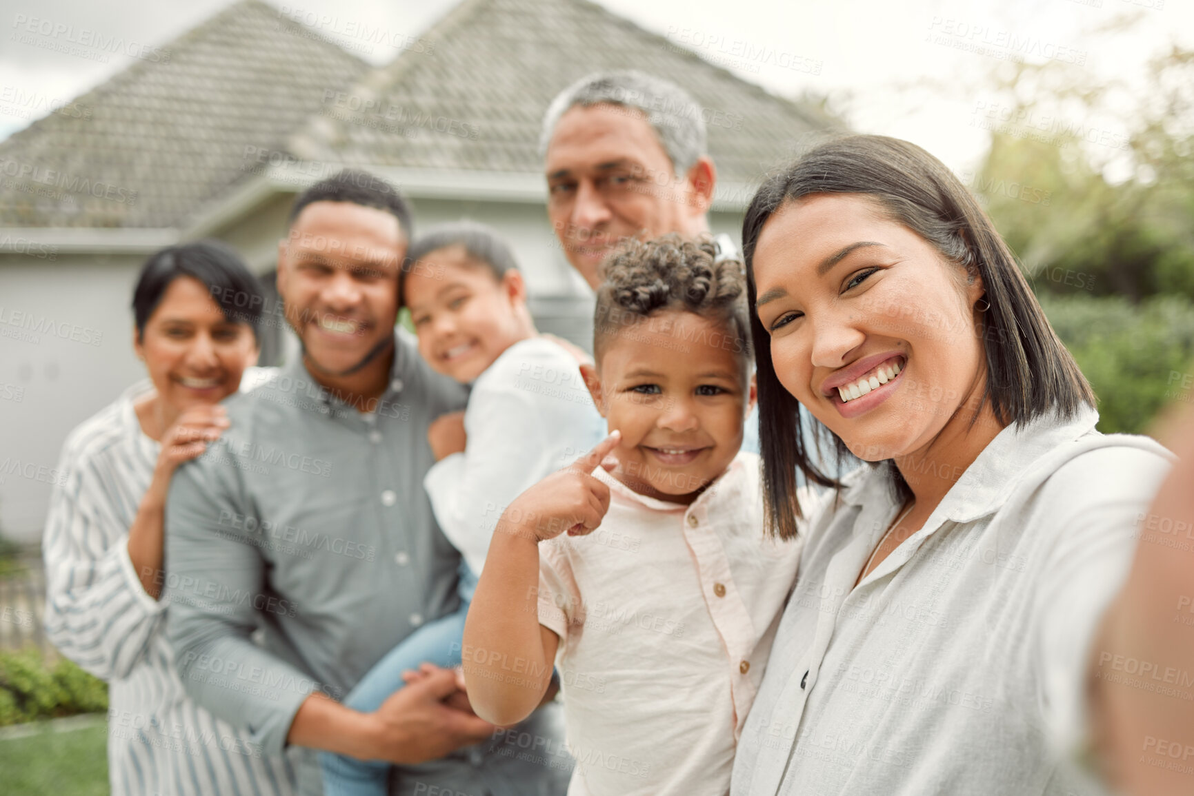 Buy stock photo Family, selfie and happy outdoor together with love, care and support for relax, bonding or retirement. People, solidarity and memory in backyard with hug, portrait and smile at home for relationship