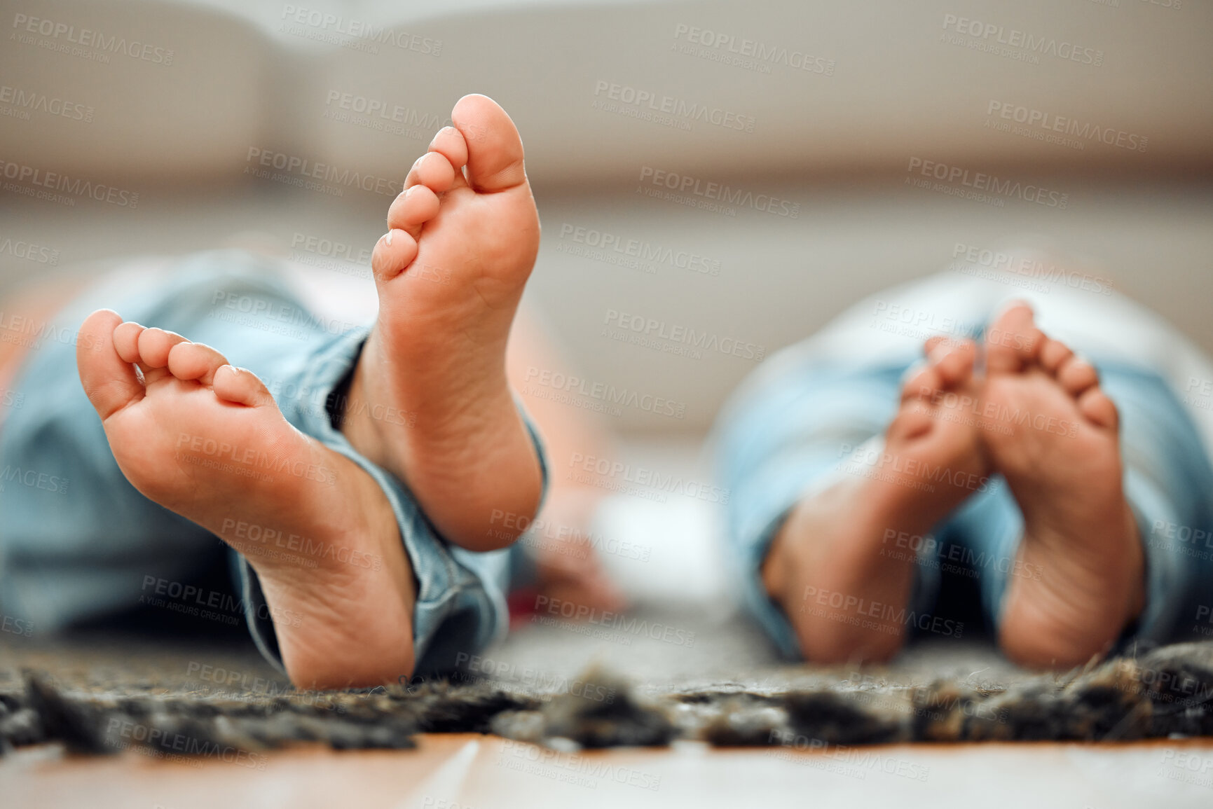 Buy stock photo Closeup, kids and feet with toes on floor to relax in home, house or apartment for resting together. Sole, barefoot and children siblings on mat or ground for sleeping, healthy development or growth