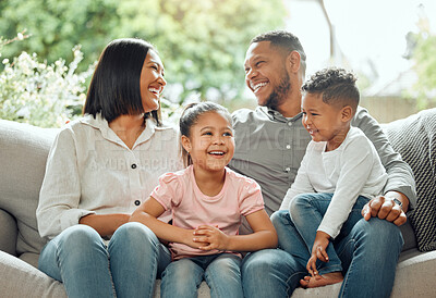 Buy stock photo Family, parents laughing with children and relax on couch with happiness and love while at home. Bonding, care and humor with relationship, people together in living room with mom, dad and kids