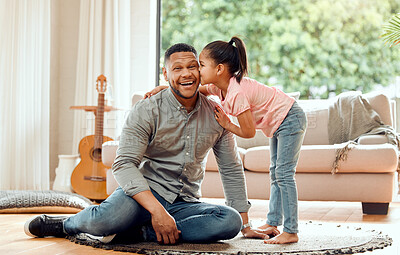 Buy stock photo Kiss, father and child in portrait, connection and bonding as family, together and embrace in home. Man, daughter and affection for love, support and happy with trust, comfort and joy in living room