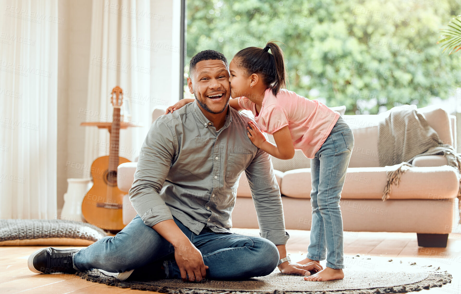 Buy stock photo Kiss, father and child in portrait, connection and bonding as family, together and embrace in home. Man, daughter and affection for love, support and happy with trust, comfort and joy in living room