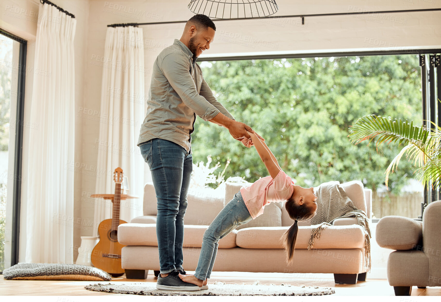 Buy stock photo Play, father and child in dancing, support and bonding as family, together and embrace in home. Man, daughter and affection for love, connection and happy with trust, comfort and joy in living room