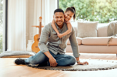 Buy stock photo Hug, father and child in portrait, connection and bonding as family, together and embrace in home. Man, daughter and affection for love, support and happy with trust, comfort and joy in living room