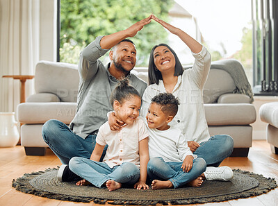Buy stock photo Family, parents and children with roof, safety and protection with love, care and security with happiness at home. Hands together, insurance cover or people in house with mom, dad and kids with trust