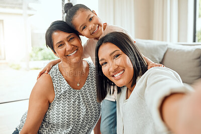 Buy stock photo Happy family, portrait smile and selfie for social media, profile picture or online post on living room sofa at home. Grandma, mother and child smiling for photo, memory or bonding together in house