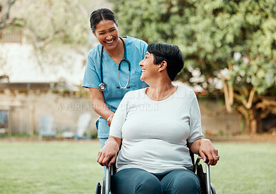 Buy stock photo Garden, nurse and senior woman in a wheelchair, healthcare and happiness with care, recovery and rehabilitation. Female person with a disability, medical professional and mature patient in a park