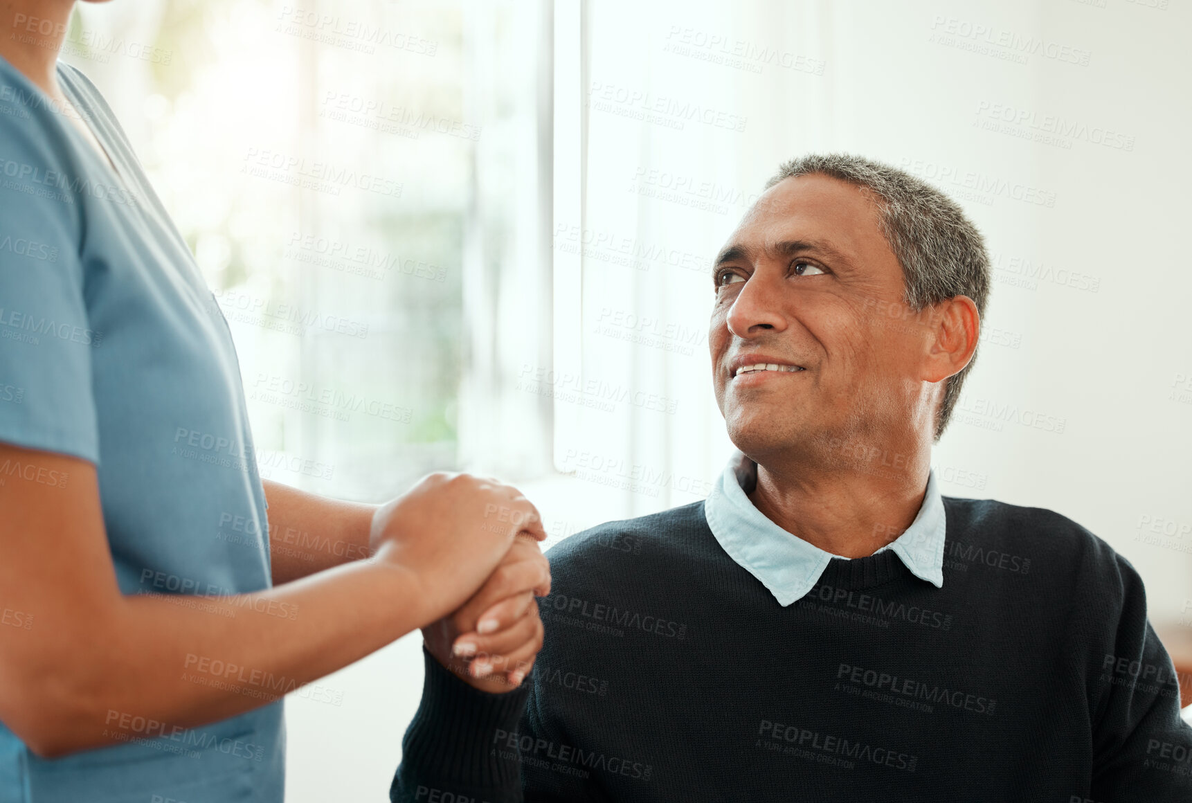 Buy stock photo Caregiver, senior and man with hand holding for support in retirement home, kindness and trust for assisted living. Happiness, nurse and elderly person with gesture of comfort and empathy in house.