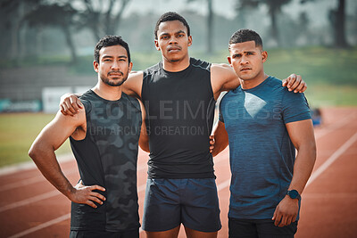 Buy stock photo Portrait, team and athlete men on race track with teamwork outdoor for running, sports or workout. Stadium, fitness group and serious people, friends and face of runners, support and collaboration.
