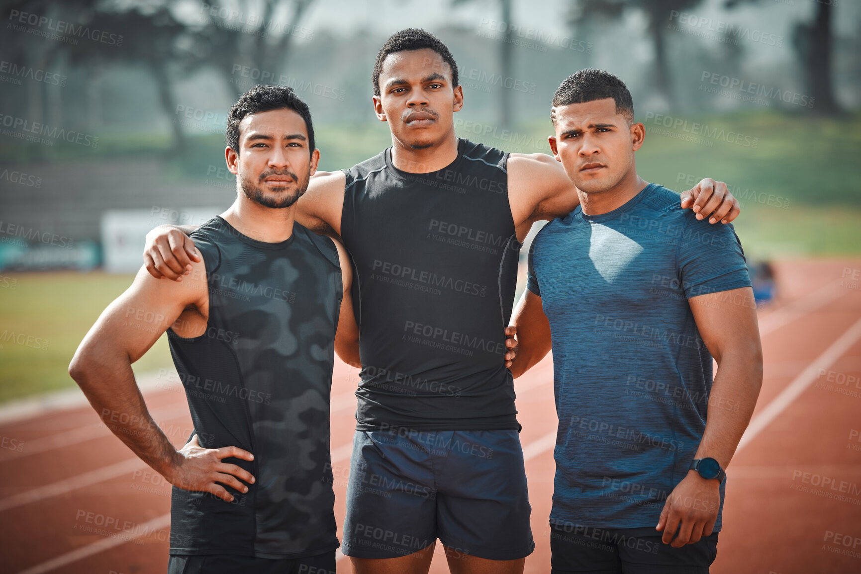 Buy stock photo Portrait, team and athlete men on race track with teamwork outdoor for running, sports or workout. Stadium, fitness group and serious people, friends and face of runners, support and collaboration.