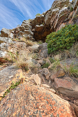 Buy stock photo Mountain trails on Lion's Head, Cape Town, South Africa. Rocky trail on a mountain with plants and grass against clear cloudy blue sky. Low angle of tourist attraction in remote location in nature