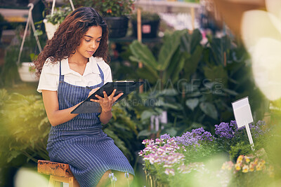 Buy stock photo Florist, business and woman with tablet, inventory and nature with typing, digital app and employee. Person, outdoor and girl with tech, growth and service with stock, update product or quality check