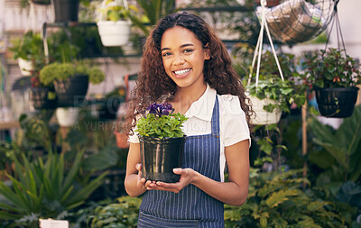 Buy stock photo Woman, portrait and florist with flower plant in greenhouse for gardening, bouquet and nursery of agriculture garden growth. Smile, female owner and sustainable retail product progress in boutique