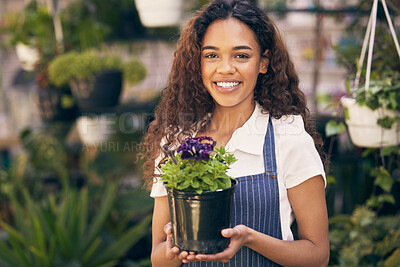 Buy stock photo Smile, flower and woman in portrait for gardening, greenhouse and plant care, bouquet and nursery of agriculture garden growth. Happy, female owner and sustainable retail product progress in boutique