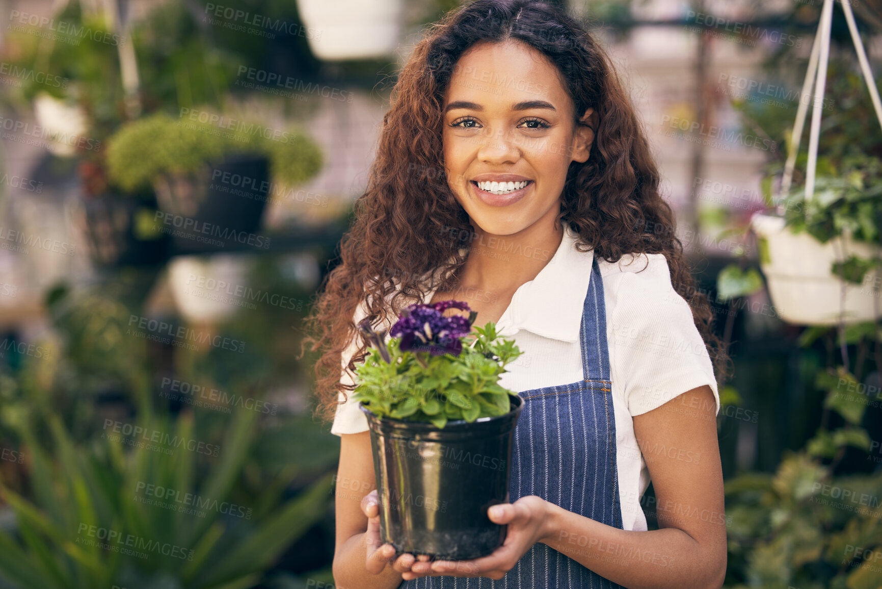 Buy stock photo Smile, flower and woman in portrait for gardening, greenhouse and plant care, bouquet and nursery of agriculture garden growth. Happy, female owner and sustainable retail product progress in boutique