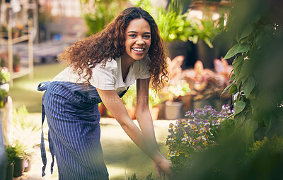 Buy stock photo Woman, happy and florist business or portrait, botanical and sustainable startup with employee and nature plants. Smile, growth and eco friendly gardener, flower nursery and commercial gardening