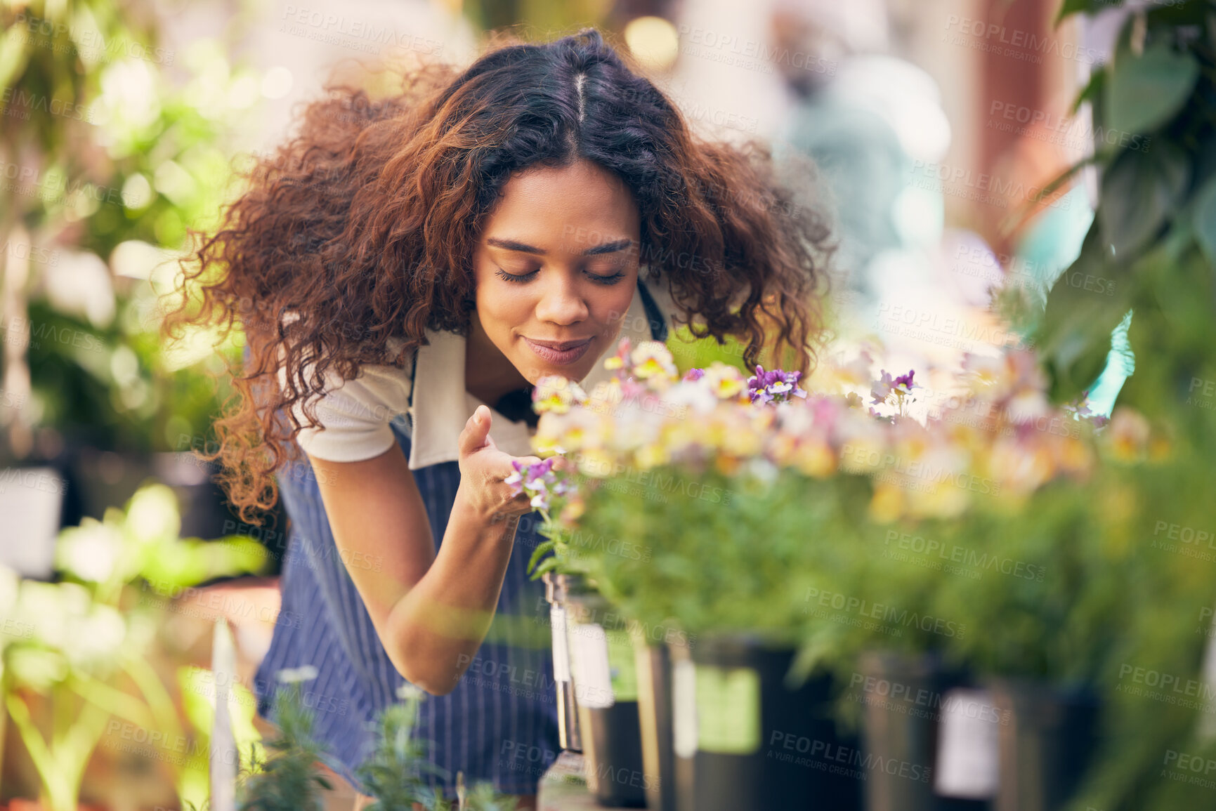 Buy stock photo Woman, happy and florist business or smell, botanical and sustainable startup with employee and nature plants. Smile, growth and eco friendly gardener, flower nursery and commercial gardening