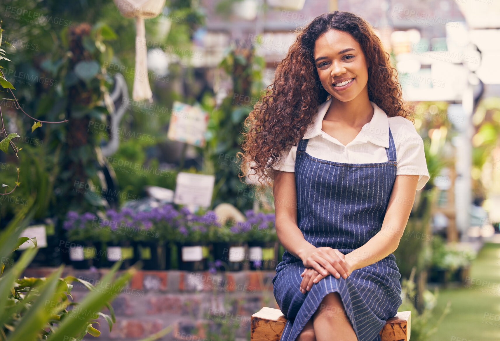 Buy stock photo Portrait, happy woman or florist in small business, botanical or sustainable startup with nature plants. Entrepreneur, growth or proud eco friendly gardener in flower nursery with confidence or smile