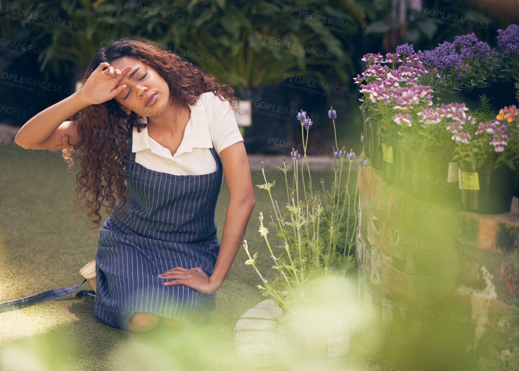 Buy stock photo Stress, fatigue and woman gardener in nature working overtime for plant development or growth. Burnout, exhausted and female florist planting flowers in outdoor nursery at eco friendly shop.