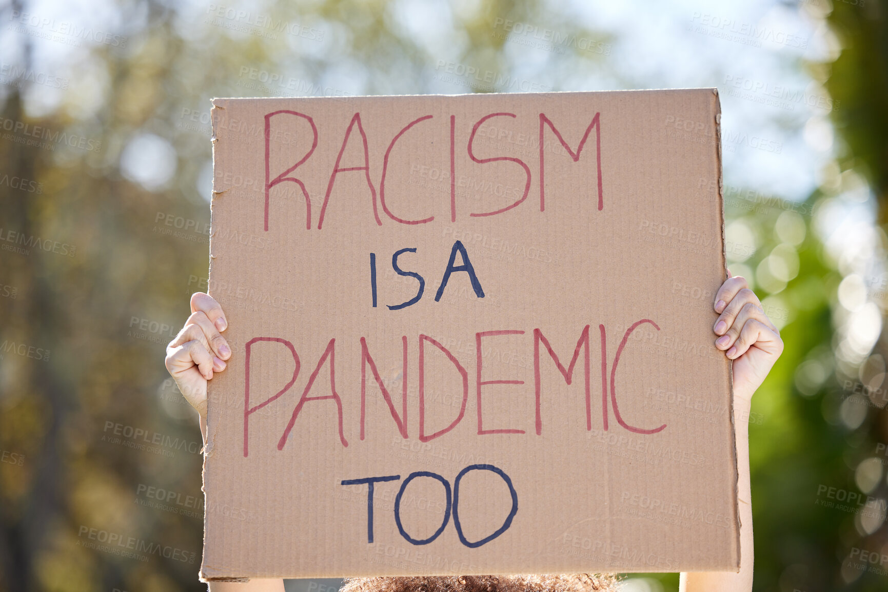 Buy stock photo Portrait, social justice and activism by woman with placard, outdoor and human rights for movement, strike and politics. Female person, demonstration and protest for equality on board or sign