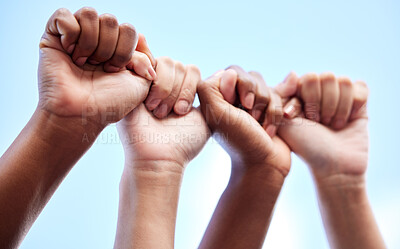 Buy stock photo Diversity, unity and hands for protest or politics, human rights or fighting for change outdoor. Freedom, community or group of people as collaboration, team and crowd support equality as society