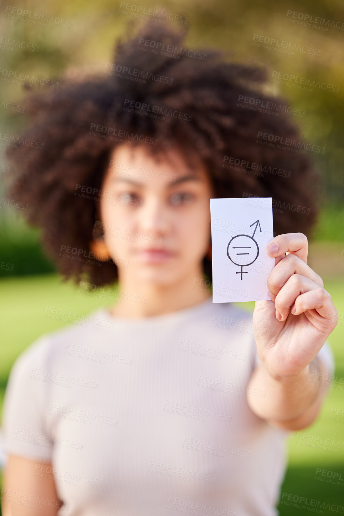 Buy stock photo Woman, portrait and placard for outdoor protest on gender equality, equal pay or fair opportunity. Feminism, paper and hand of female person for unfair financial compensation, income bias or sexism