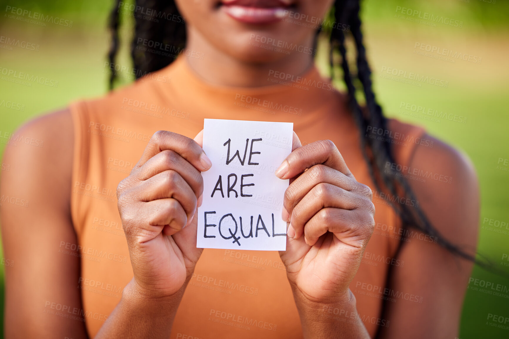 Buy stock photo Woman, sign and outdoor for gender equality with justice fight, political opinion and rally. African person, paper and activism protest in park for equal opportunity campaign, courage and empowerment