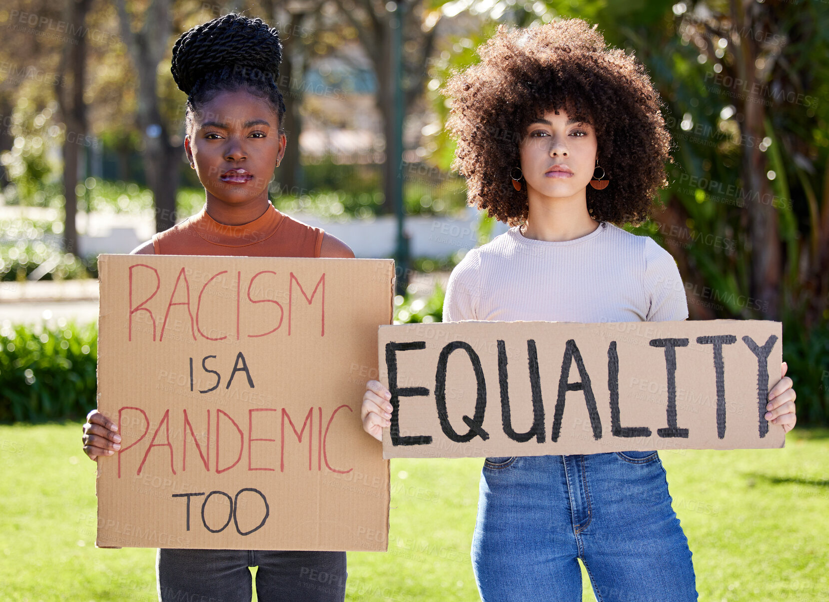 Buy stock photo Portrait, social justice and activist as diverse women with placard, outdoor and human rights for movement, strike and politics. Female person, demonstration and protest for equality on board or sign