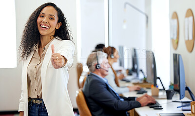 Buy stock photo Call center, thumbs up and portrait of business woman in office for success, thank you and agreement. Customer service, emoji and person with hand gesture for telemarketing, consulting or CRM support