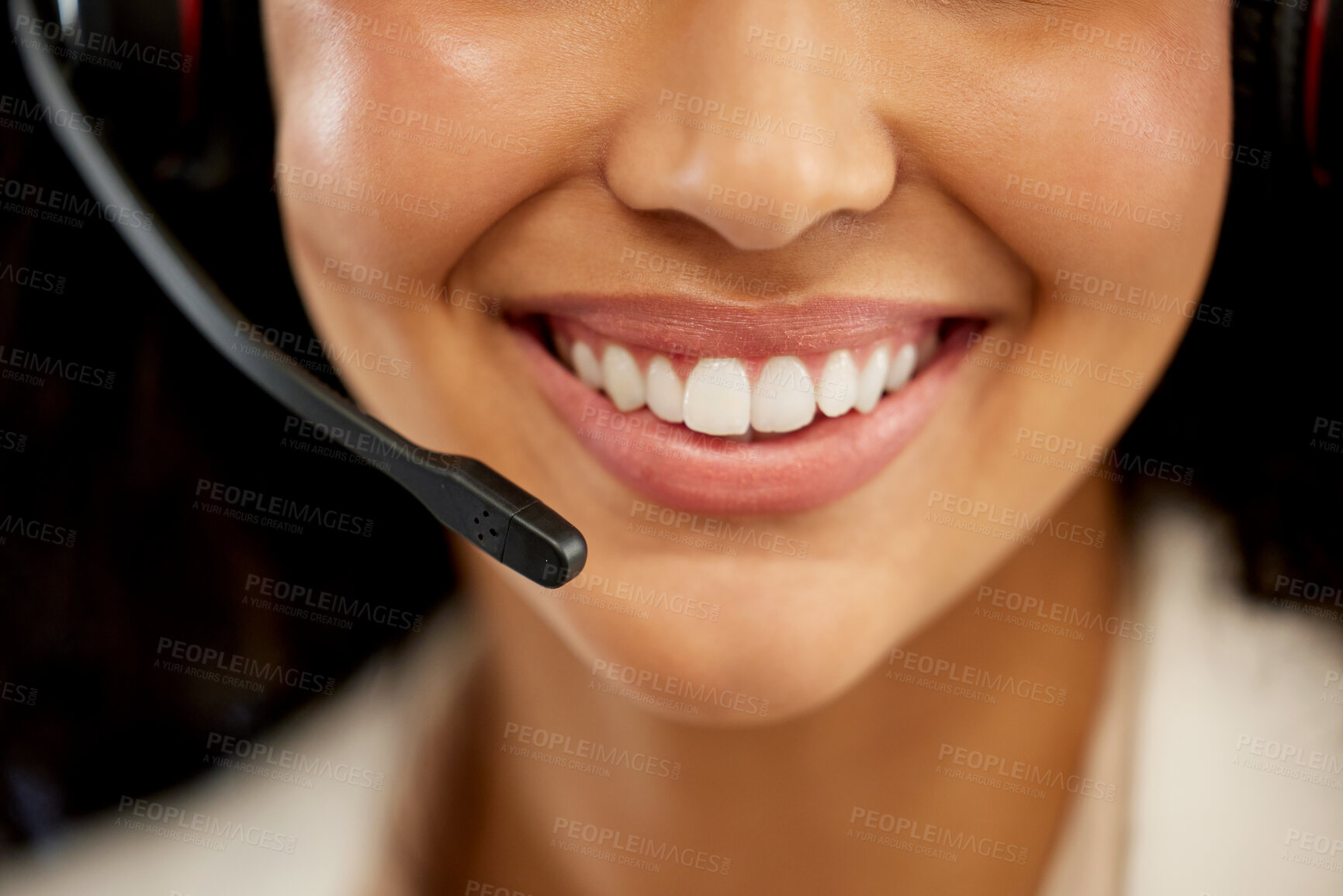 Buy stock photo Closeup, woman and headphone for working in call center or customer care in office with smile and positivity. Female person, consultant and agent for telecommunication, company and workplace in macro