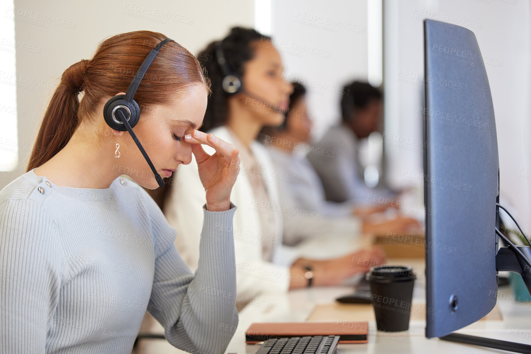 Buy stock photo Stress, tired and woman in call center with headache, pain or burnout for customer service mistake. Fatigue, telemarketing and frustrated sales consultant with challenge, debt or fail on computer