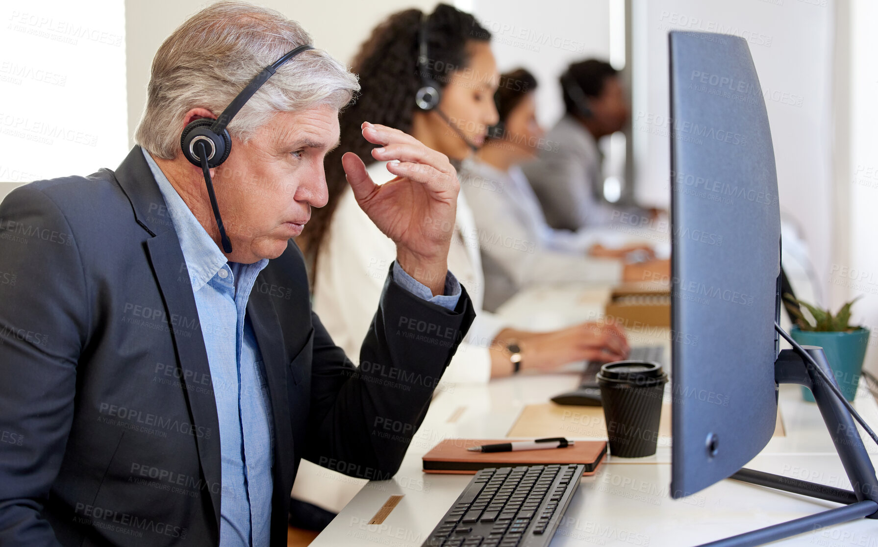 Buy stock photo Stress, headache and mature man in call center with pain, burnout or tired customer service manager. Fatigue, telemarketing and frustrated sales consultant with challenge, debt or fail on computer