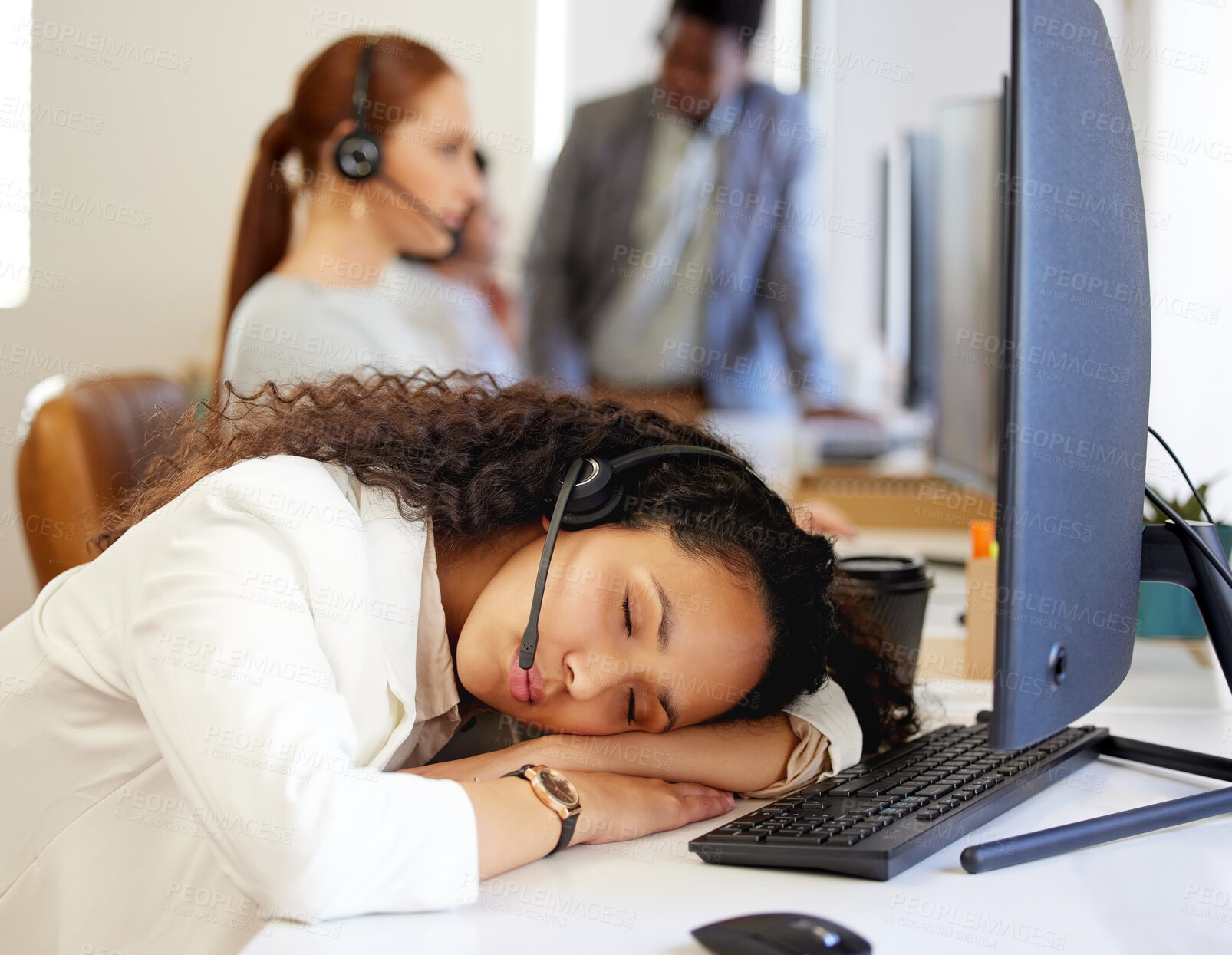 Buy stock photo Sleeping, tired and woman in call center with stress, exhausted or burnout for customer service mistake. Fatigue, telemarketing and sales consultant with deadline, insomnia and resting by computer