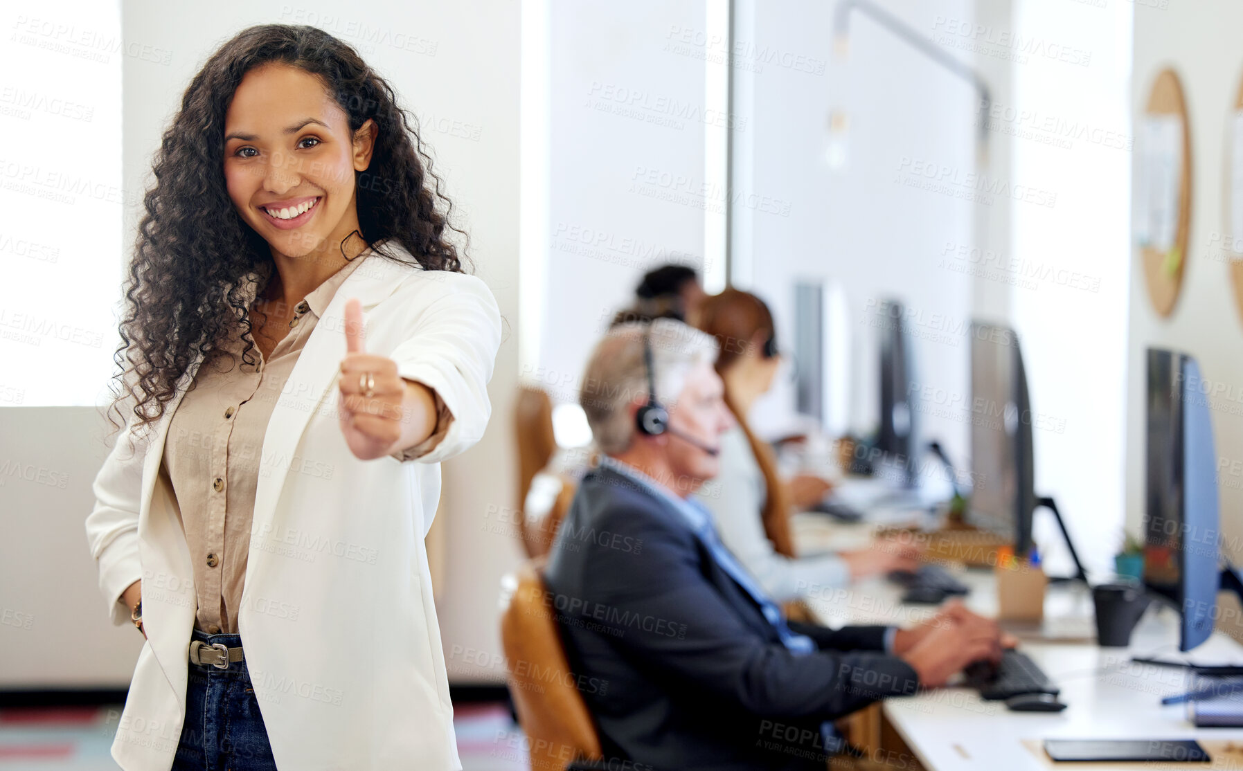 Buy stock photo Portrait, woman and thumbs up with smile in working for call center or customer care in office with coworkers. Female person, consultant and agent for telecommunication, company and workplace or job