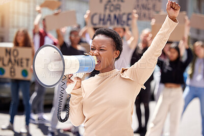 Buy stock photo Justice, protest and black woman with megaphone and group shouting loud for justice due to  government problem. Equality, angry and person fist up for politics fight or freedom with frustrated people
