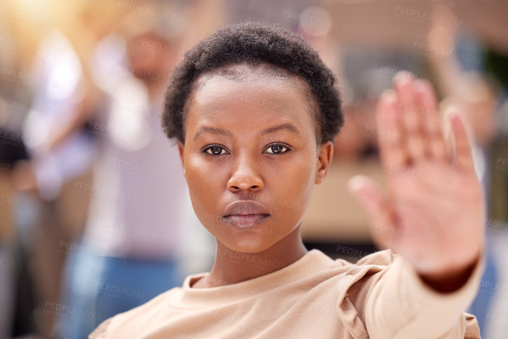 Buy stock photo Black woman, portrait and hand for stop at protest for public justice, change or government. Female person, face and feminist equality for gender pay gap or community strike, march or human rights