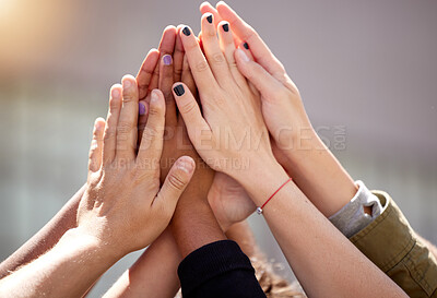 Buy stock photo People, hands and group high five for community solidarity or justice support for gender equality, united or deal. Teamwork, celebration and victory together for charity mission, union or partner