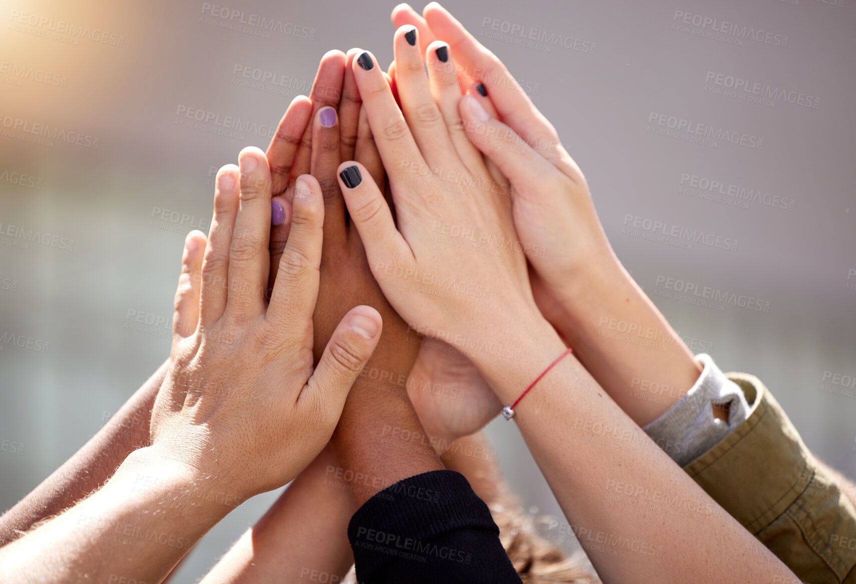 Buy stock photo People, hands and group high five for community solidarity or justice support for gender equality, united or deal. Teamwork, celebration and victory together for charity mission, union or partner