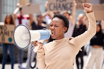 Buy stock photo Equality, protest and black woman leader with megaphone and shouting loud for justice due to  government problem. Justice, angry and person fist up for politics fight or freedom with frustrated group