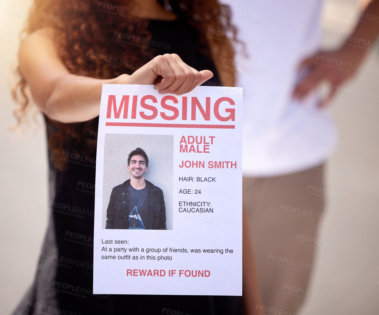 Buy stock photo Flyer, notification or announcement of missing man with information, details and photo for search or lost person. Advertising, banner or poster in hand for crime, help and support or social justice