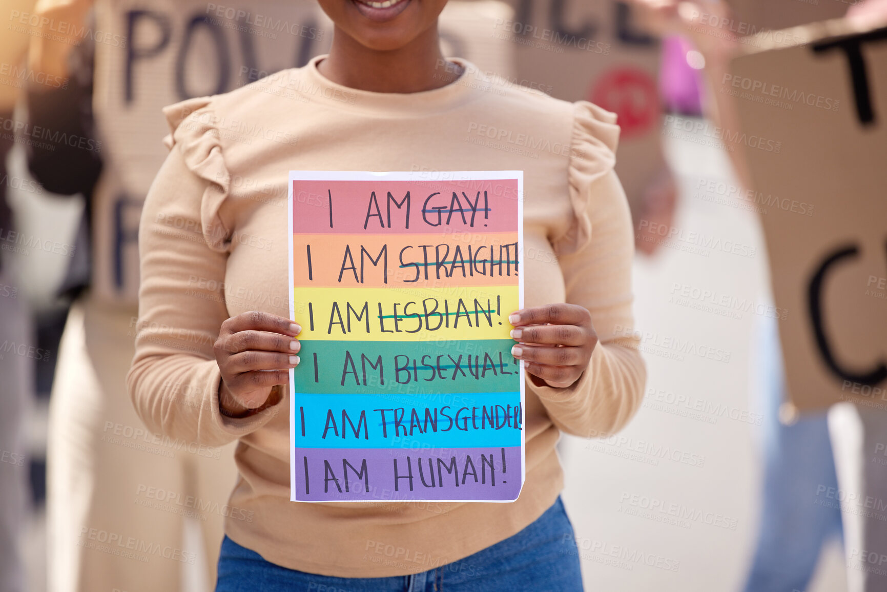 Buy stock photo Protest, lgbtq and woman with poster, support and walking in street, paper or activism for human rights. social gathering, person or crowd with board, queer people or pride with community for freedom