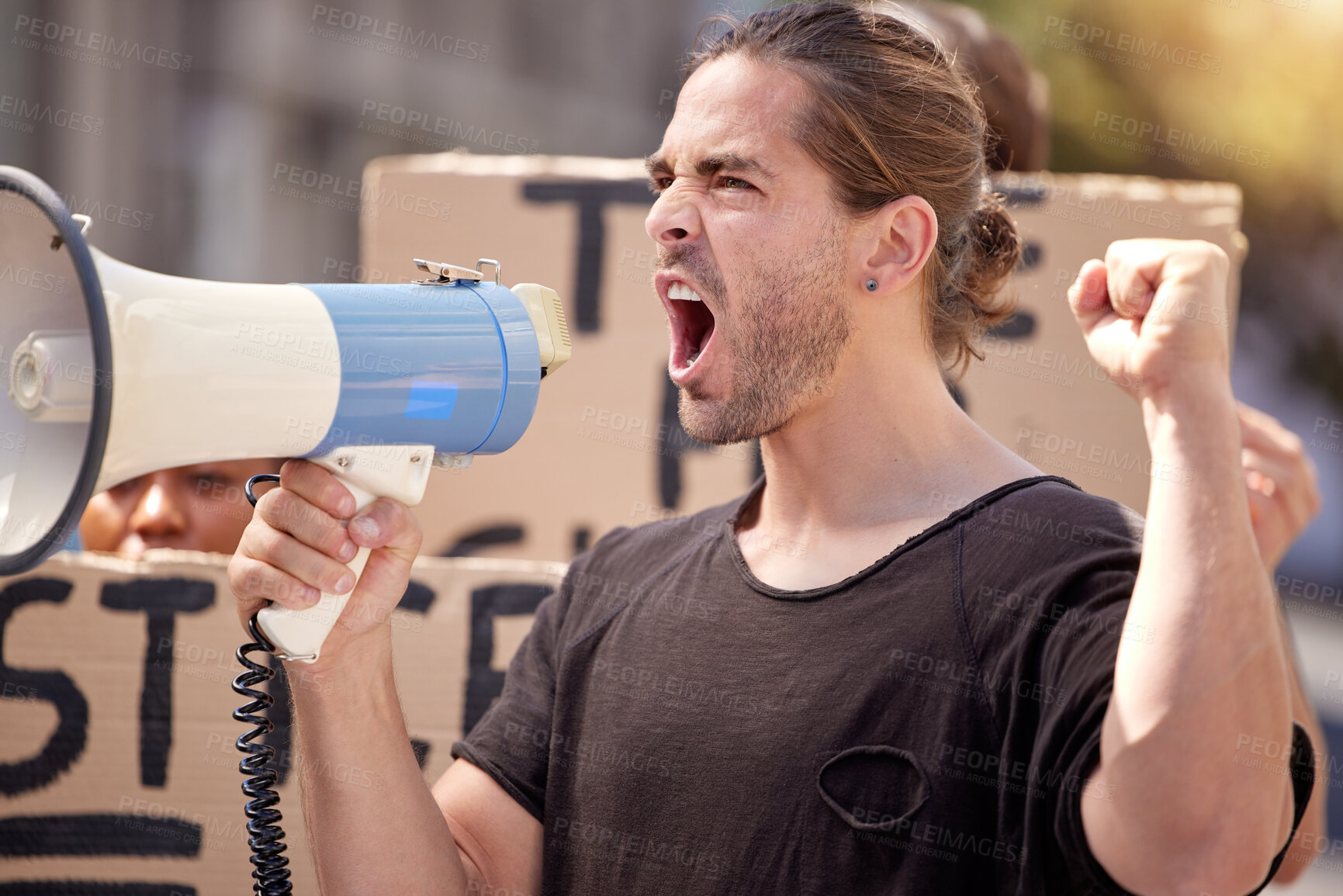 Buy stock photo Protest, shout and man with megaphone with fist for rally, poster and event for freedom and equality. Sign, social and justice for public demonstration people, Palestine and attention for conflict 