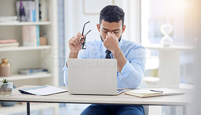 Buy stock photo Businessman, desk and laptop for burnout and stress, fatigue and overworked in office. Document, technology and financial advisor and headache for male person, computer and contract for investment