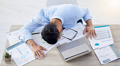 Buy stock photo Businessman, tired and sleeping at desk in office with burnout risk, overworked and nap for low energy. workplace, exhausted or fatigue of asleep male accountant, finance documents or laptop on table