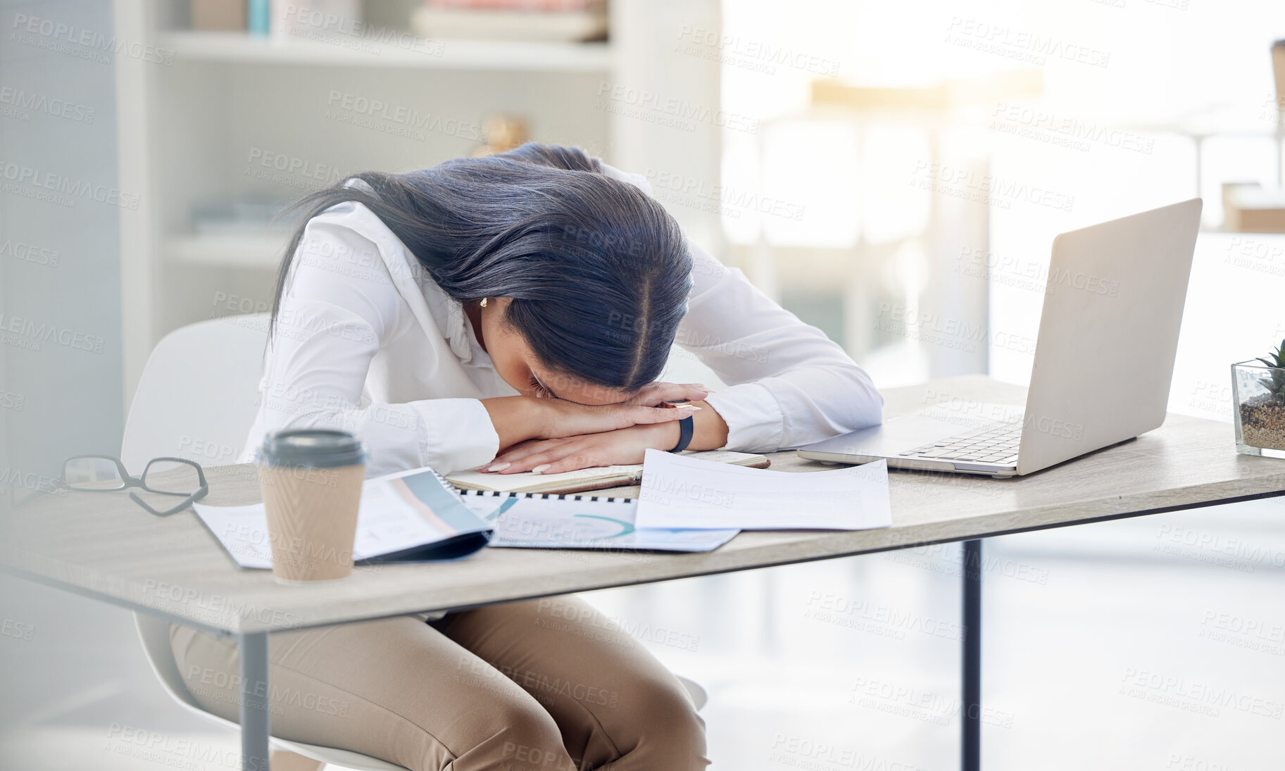 Buy stock photo Business woman, tired and sleep at office desk with burnout risk, overworked and nap for low energy. workplace, exhausted or fatigue of asleep female accountant, finance papers and laptop on table