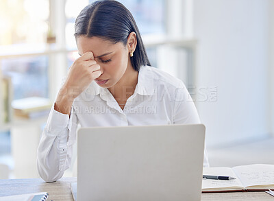 Buy stock photo Woman, headache and stress in office for deadline, mistake and overworked in workplace. Female lawyer, frustrated and laptop at desk with anxiety, burnout and tired from workload, pressure and work